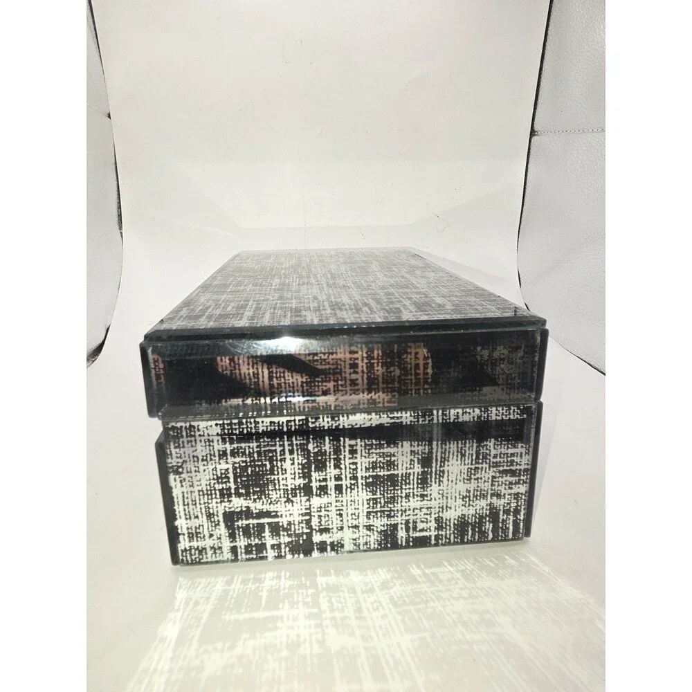 Vintage Glam Speckled Glass Trinket Box Beveled Panels Jewelry Box Silver Black
